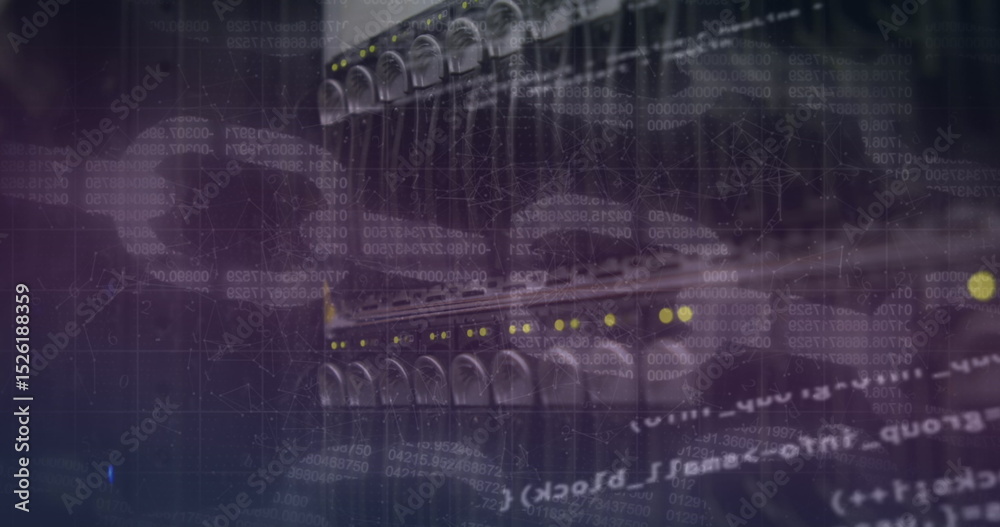 Poster image of analysis text and blockchains with server room in background