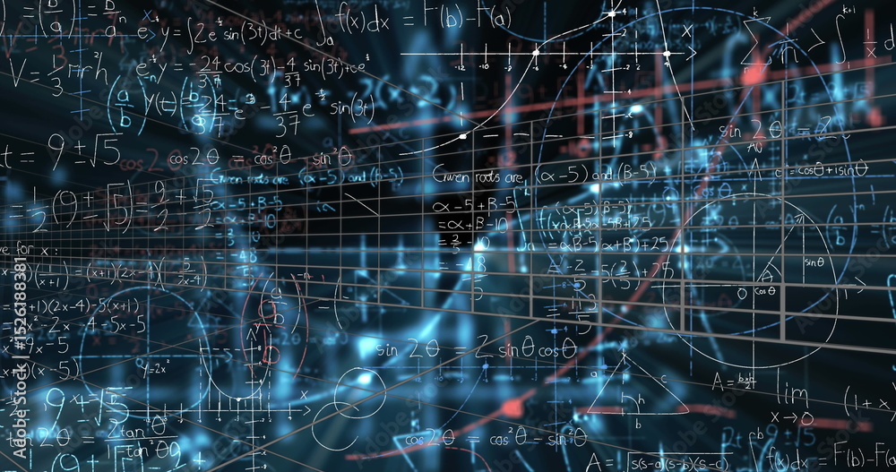Poster image of digital screen with data and math formulas on black background