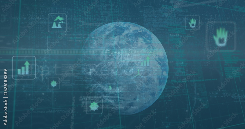 Poster image of data processing with globe and icons on digital interface