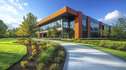 Fototapeta premium modern school building exterior surrounded by lush greenery and clear blue sky