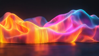 A modern wavy shape with layers and folds set against black is depicted in this abstract holographic foil wallpaper render