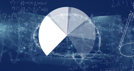 Displaying segmented pie chart overlaying dark blue interface with math formulas and network nodes