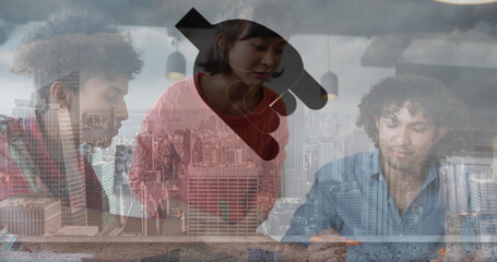 Digital icons floating against caucasian businessman using smartphone at office