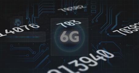 Image of numbers, 6g icon with hud processing on digital interface