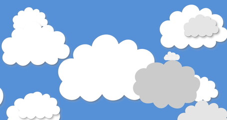 Image of red sale text moving upwards amidst clouds against blue sky, copy space