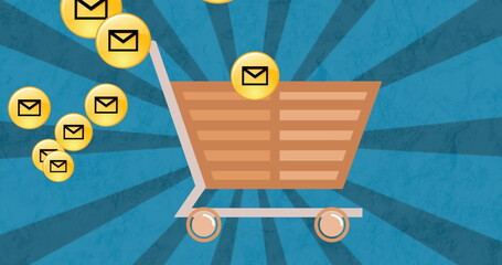 Image of emails over shopping cart on blue background