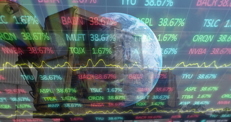 Overlaying Earth globe with ticker symbols, yellow line graph, excavator bucket in digital montage