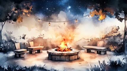 cozy outdoor minimalist fire pit: perfect gathering spot under a starlit sky - ideal poster for sports interiors and relaxation spaces