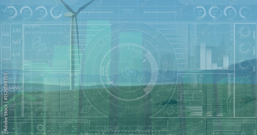 Poster image of graph data with hud processing on digital interface over wind turbine field