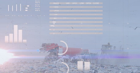 Image of multiple graphs and data moving over red trunk unloading garbage at landfill