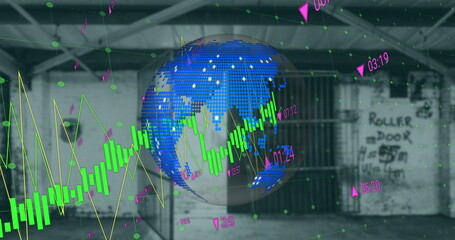 Image of financial graphs and globe over empty hall