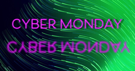 Image of cyber monday sale over black and green background with waves