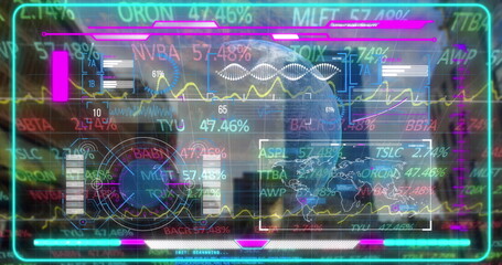 Image of digital screen with globe, financial data and graphs over cityscape