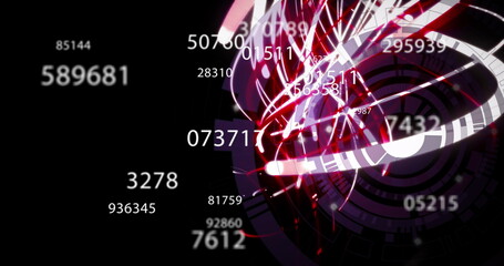 Image of numbers, wavy lights and data on black background
