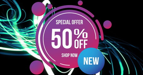 Image of 50 percent off in circle over lines on black background