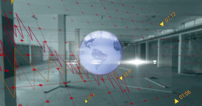 Image of data, graphs with grids moving on rotating globe against building interior