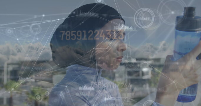 Image of numbers, data processing, connecting dots, asian female runner drinking water