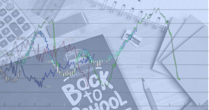Image of line graph and welcome back to school text on tablet screen with stationery on table