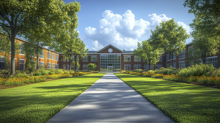Fototapeta premium beautiful public school building surrounded by lush greenery and vibrant flowers