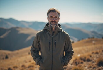 Man in a hiking jacket smiling on a hilltop with scenic mountains