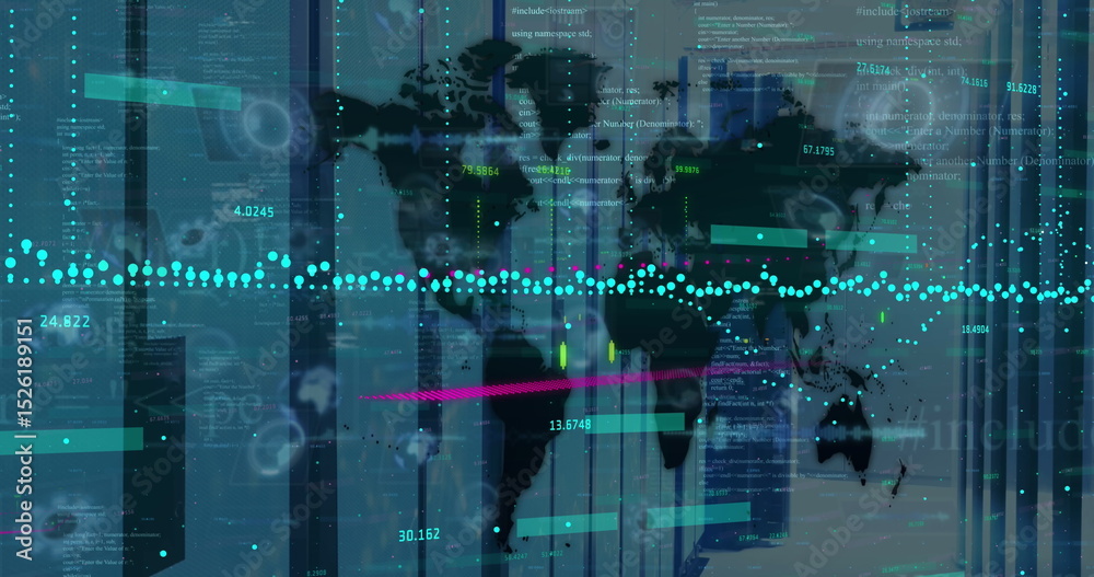 Poster image of financial data processing over world map against empty computer server room