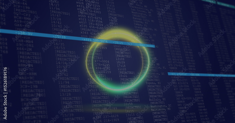 Wall mural image of neon circle over data processing on navy background