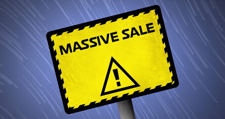 Image of massive sale on sign over blue background with lines