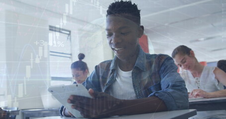 Image of globe, data processing over multiracial students using digital tablet in classroom