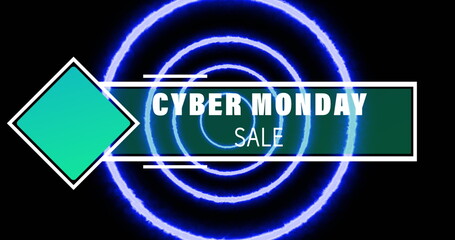 Image of cyber monday and sale text with blue square in banner over illuminated circles