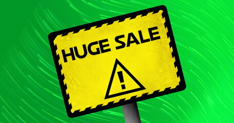 Image of huge sale on sign over green background with lines