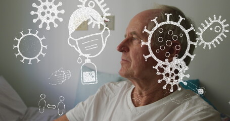 Image of medical icons over senior caucasian man