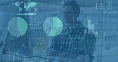 Image of cityscape model and graphs over focused caucasian architect using desktop computer