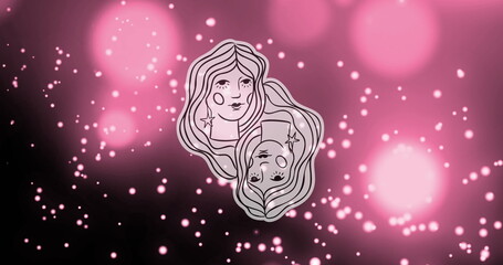 Image of female faces of gemini zodiac sign against illuminated pink particles and lens flare