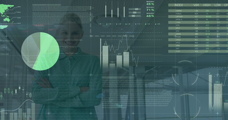 Image of various digital data moving over young caucasian businesswoman smiling in office