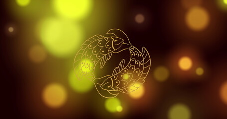Image of twin fish of pisces zodiac sign over glowing yellow lens flares falling down