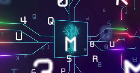 Image of integrated circuit over numbers and letters on digital screen