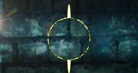 Image of neon circle over dark green brick wall