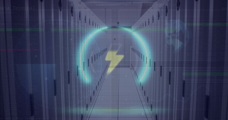 Image of neon circle with flash over servers