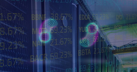Image of circles over servers and financial data
