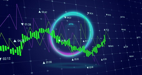Image of circle with battery over digital screen with financial graphs and data