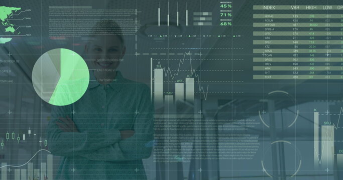 Image of various digital data moving over young caucasian businesswoman smiling in office