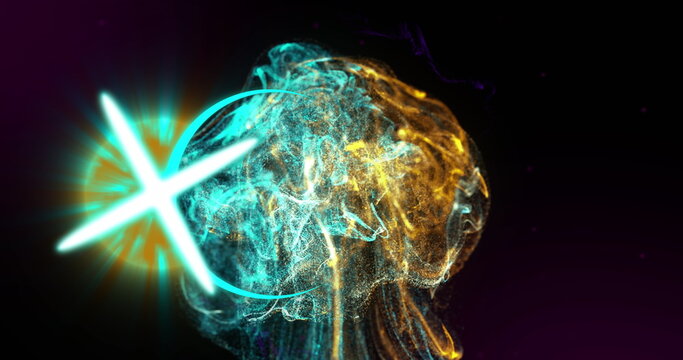 Image of neon circles, cross and smoke on black background