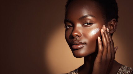 Dark skinned model applying sunscreen on her glowing skin, showcasing radiant complexion and confident expression. warm lighting enhances her features beautifully