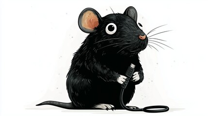 Cartoon Black Rat Holding a Cable