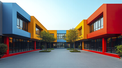 Fototapeta premium Modern school buildings with vibrant colors create inviting atmosphere for learning