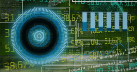 Image of graphs, globe, processing circle and financial data on digital screen