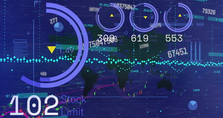 Image of numbers, world map and financial data on digital screen