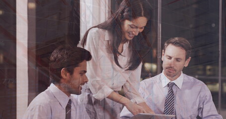 Image of financial data processing over diverse business people