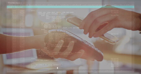 Image of lines and data processing over hands of caucasian woman using payment terminal