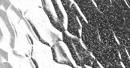 Image of rain and white particles over moving organic white shapes on black background